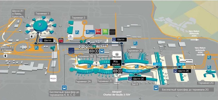 Аэропорт Шарль де Голль схема терминалов на русском